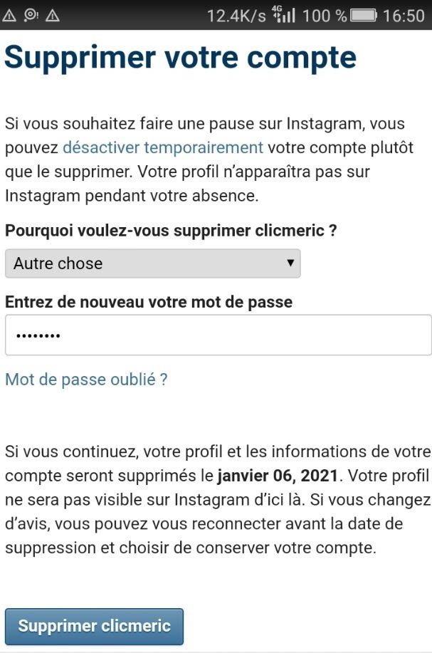 Suppression du compte Instagram sur smartphone 