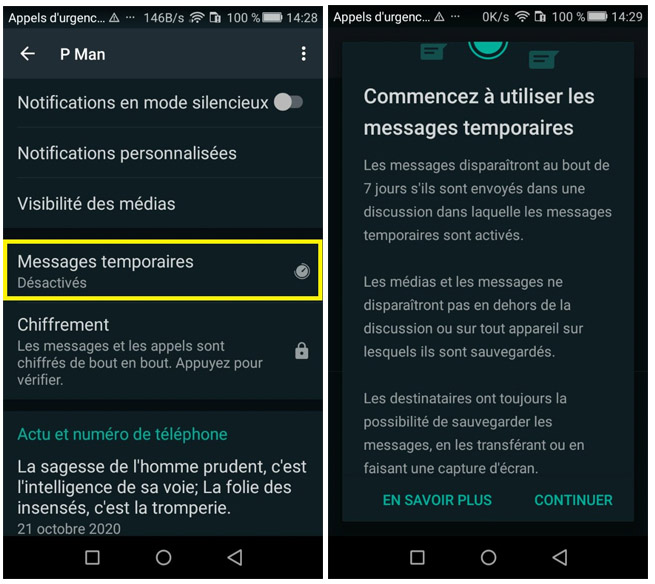 Activer les messages temporaires sur WhatsApp