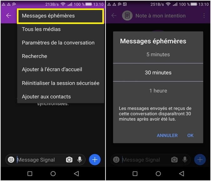 Envoyer message temporaire Signal Messenger