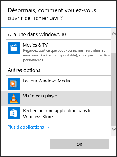 Sélection de VLC comme lecteur par défaut