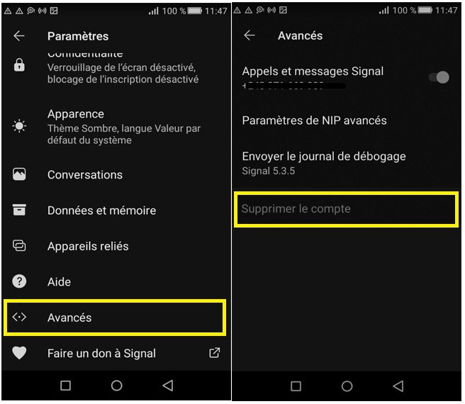 Supprimer son compte Signal