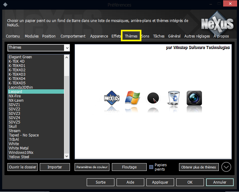 Choix et gestion des thèmes Nexus Dock