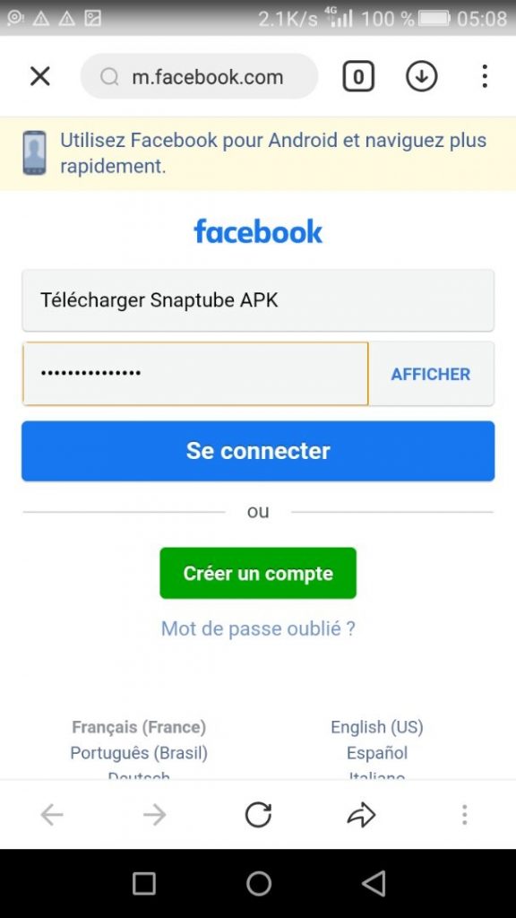 Connexion au compte Facebook dans Snaptube