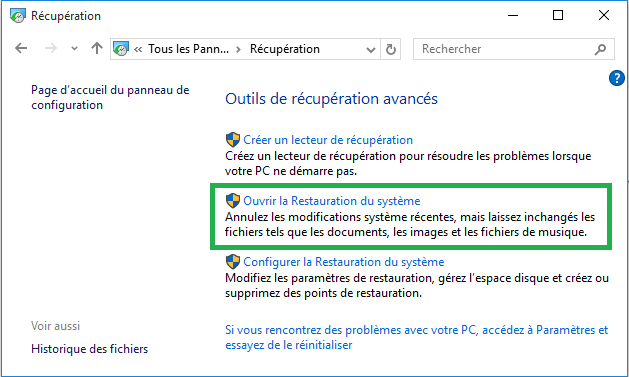 Ouverture de la restauration, dans le panneau de configuration