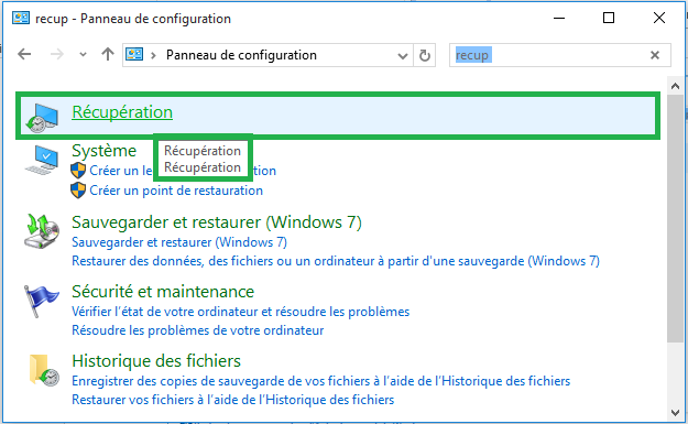 Recherche dans le panneau de configuration Windows