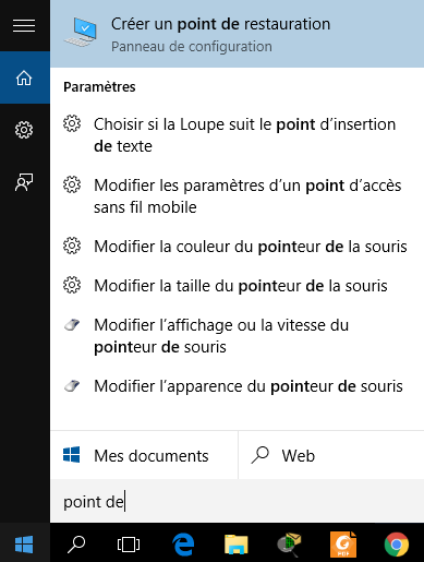 Recherche au Menu démarrer, outil de création du point de restauration