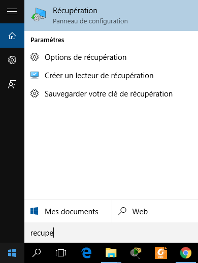 Recherche de la récupération dans le menu démarrer Windows