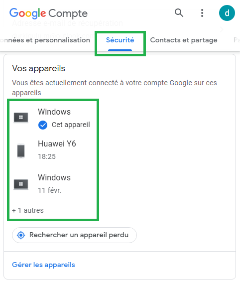 Gestion des appareils liés au compte Gmail sur mobile