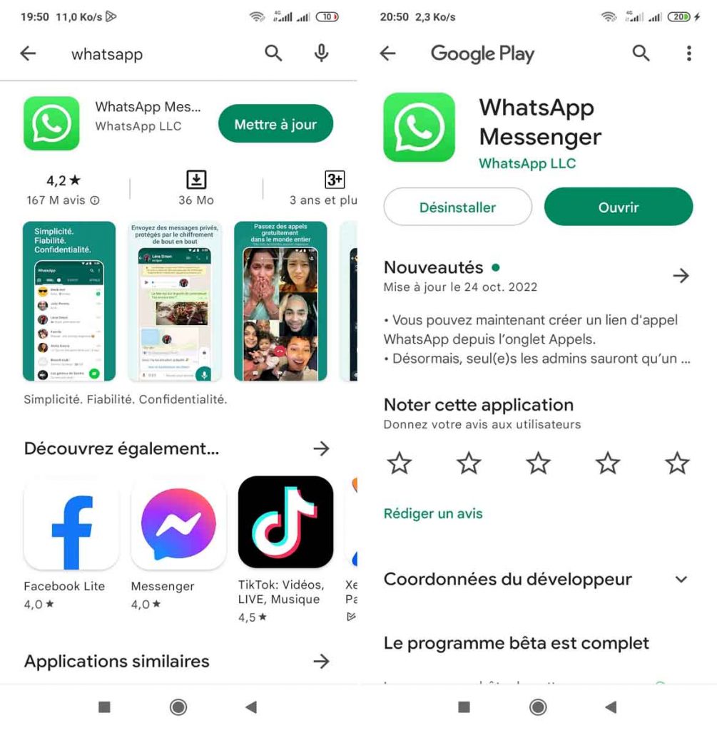 Mettre à jour WhatsApp Messenger Play Store