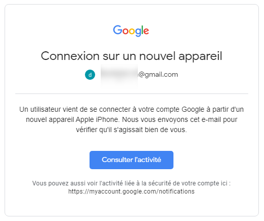 Notification sur l'activité du compte Google