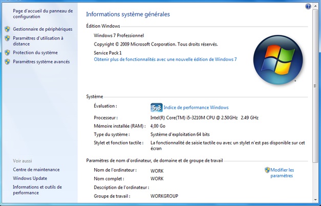 Propriétés système de Windows 7