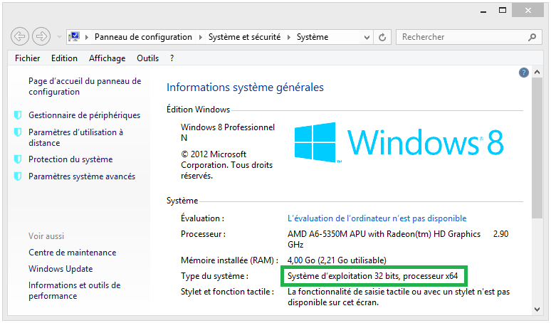 Propriétés système de Windows 8