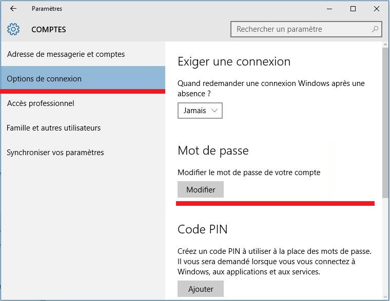 Modifier, supprimer le mot de passe de Windows 10