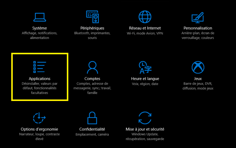Paramètres Windows → Applications