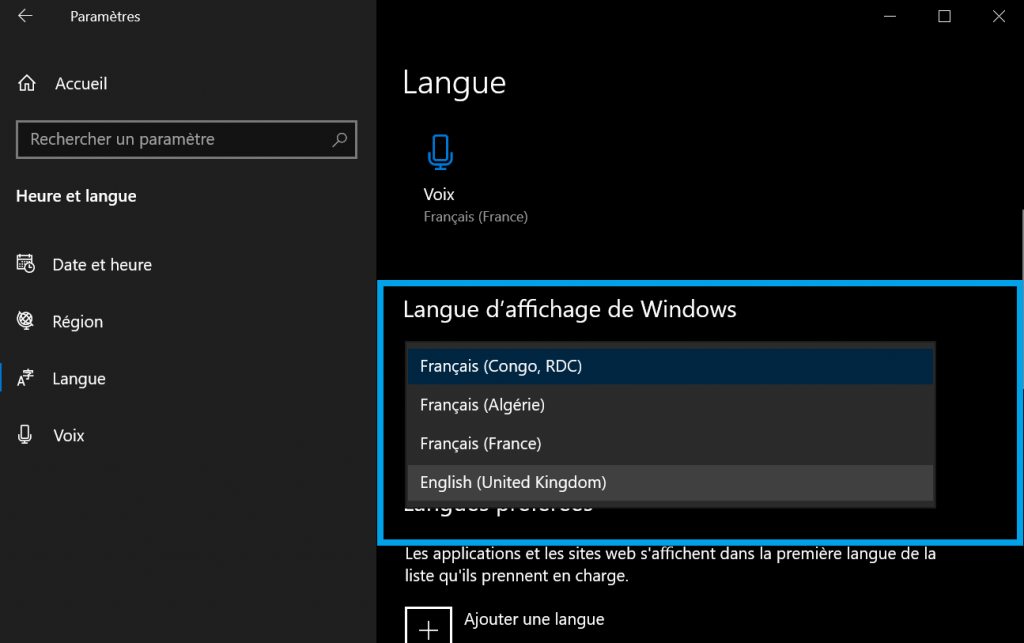 Changer la langue de Windows