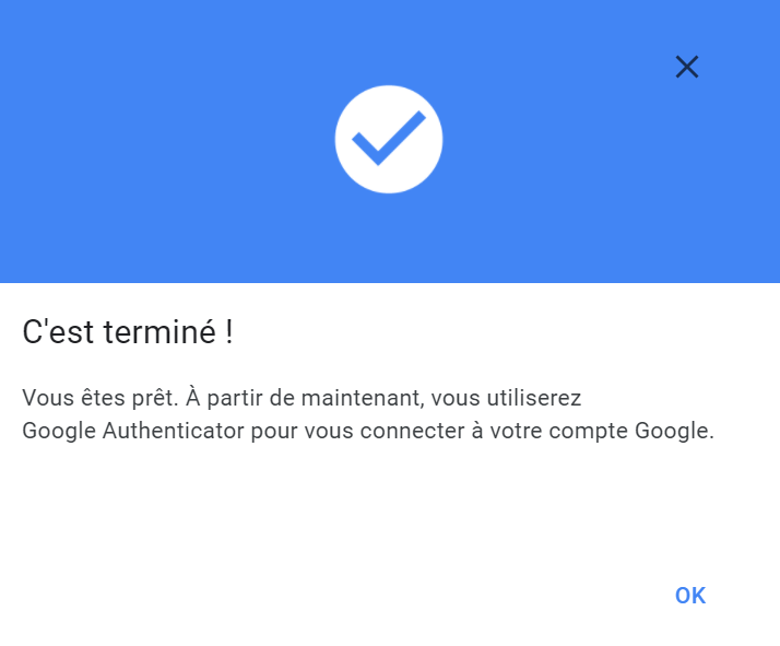 Configuration de Google Authenticator sur Gmail terminée 