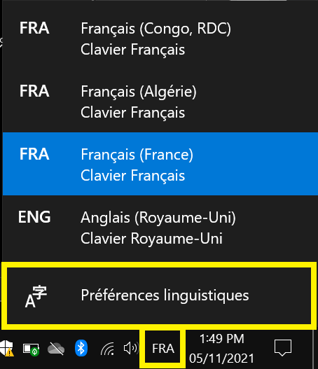 Langues sur barre d'outils Windows