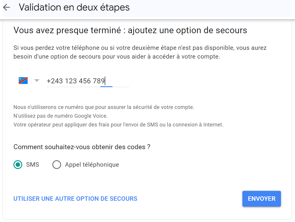 Entrer le numéro de téléphone pour activer la validation en deux étapes