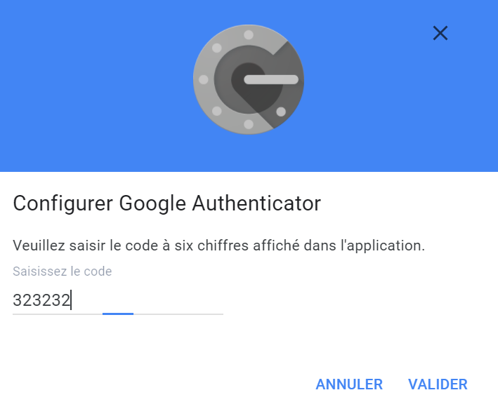 Saisir code ce validation fourni par Google Authenticator sur Gmail