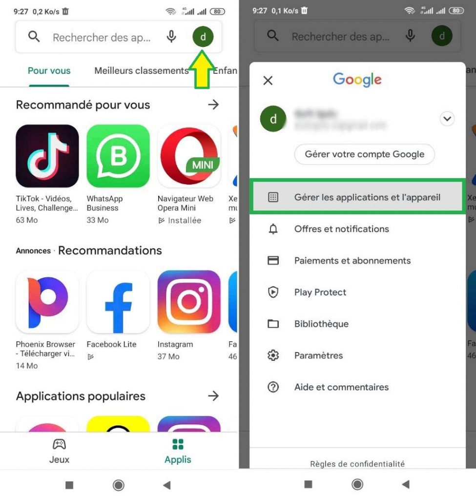 Afficher la gestion des applications dans Play Store