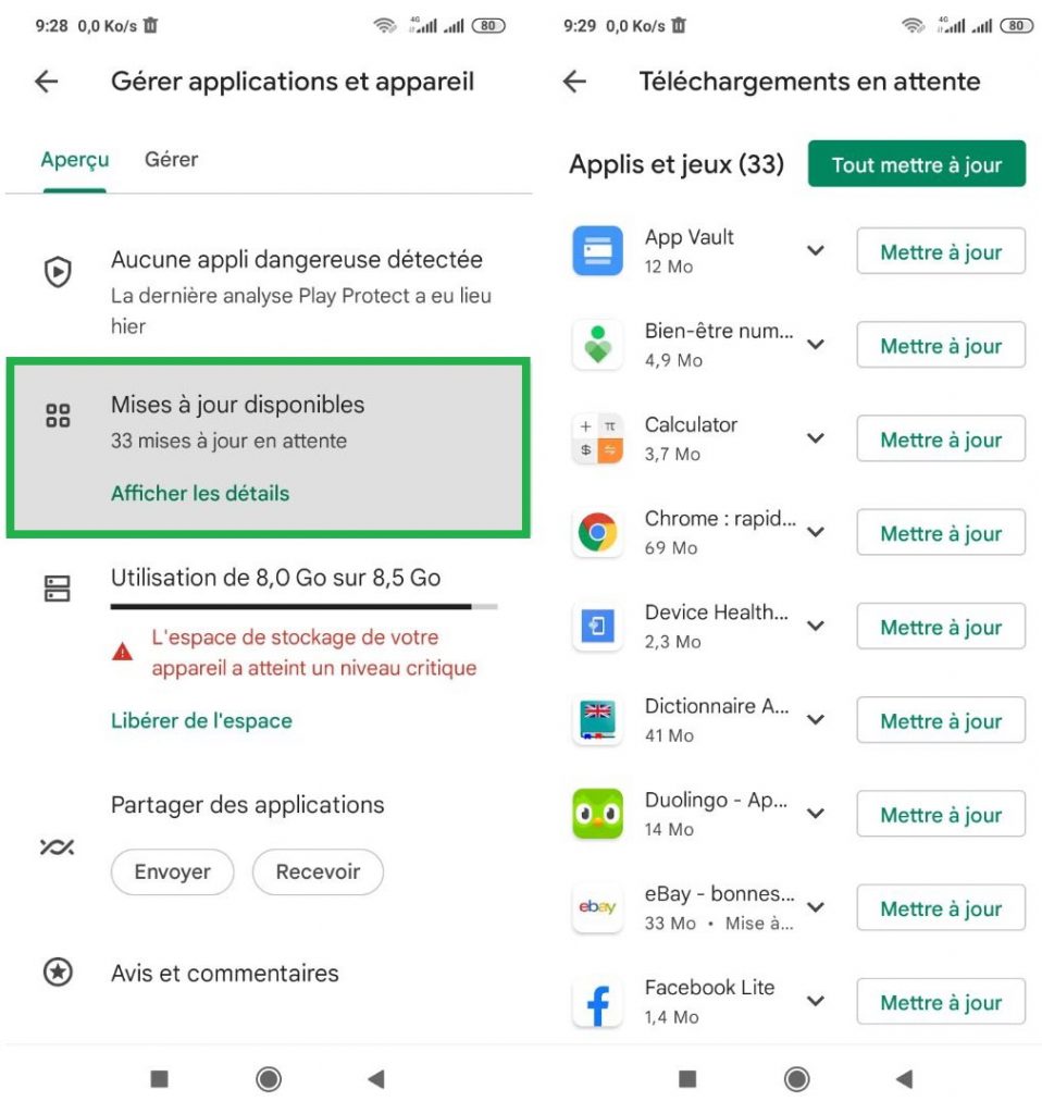 Mise à jour des applications installées sur Android