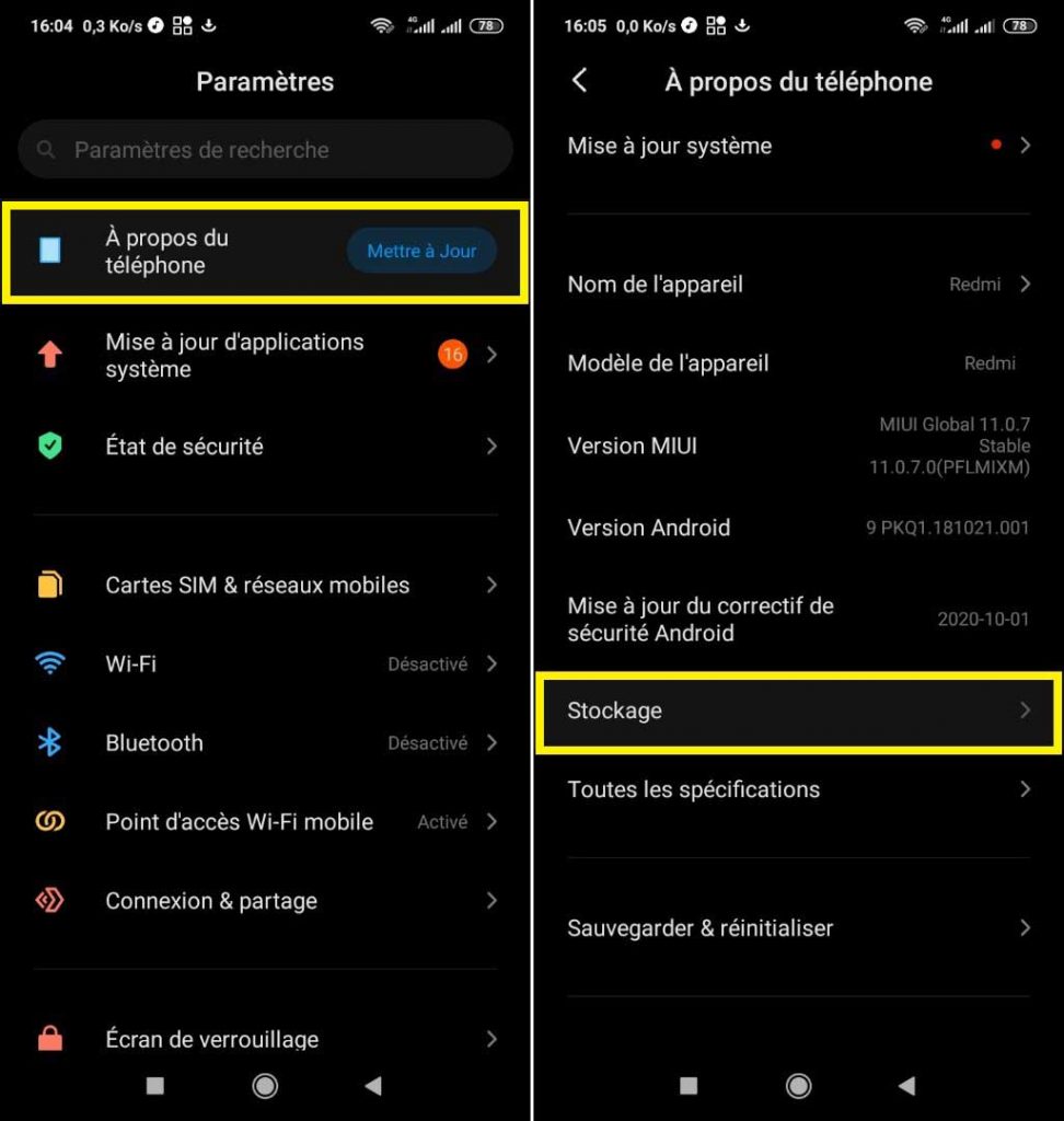 Paramètres Android, gestion de mémoire