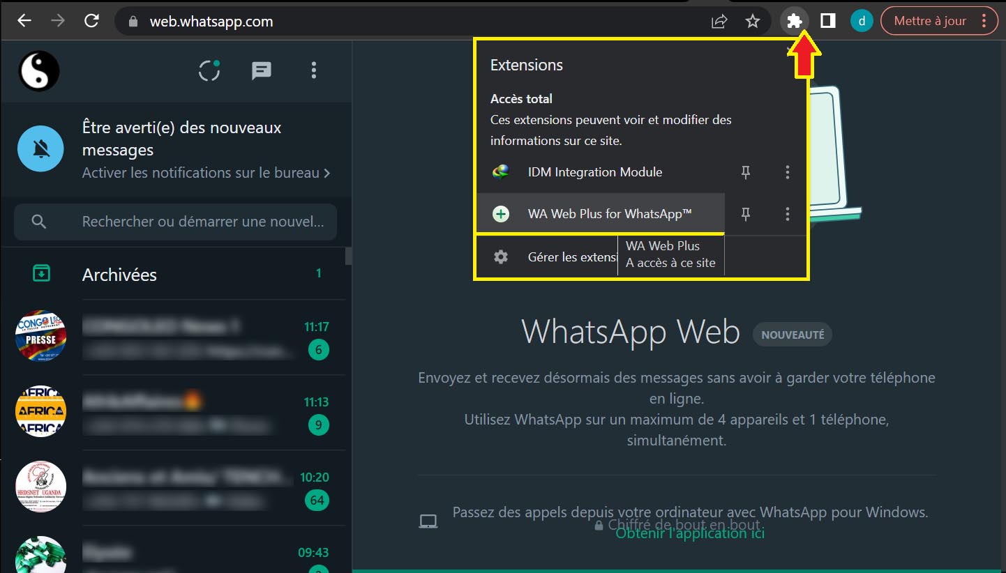 Installer wa web plus pour whatsapp sur google chrome pc etc