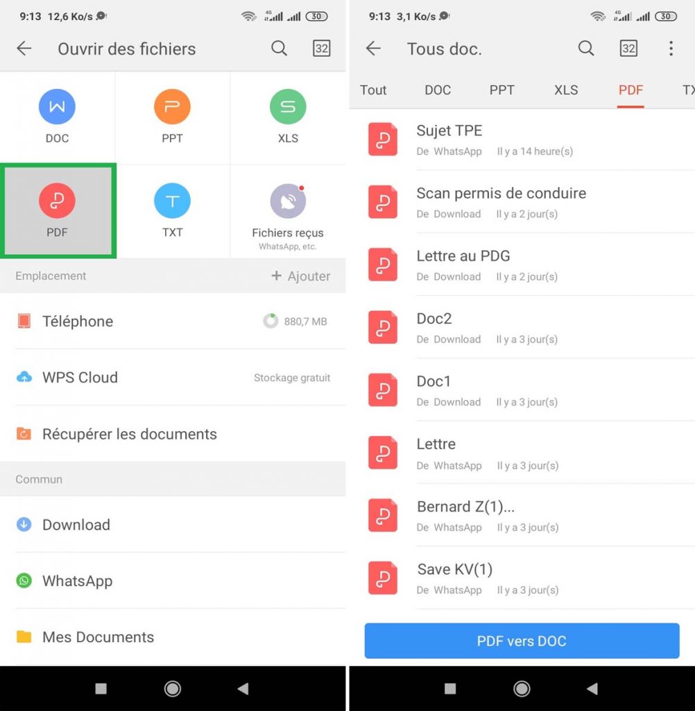 Ouvrir un fichier PDF avec WPS Office sur Android