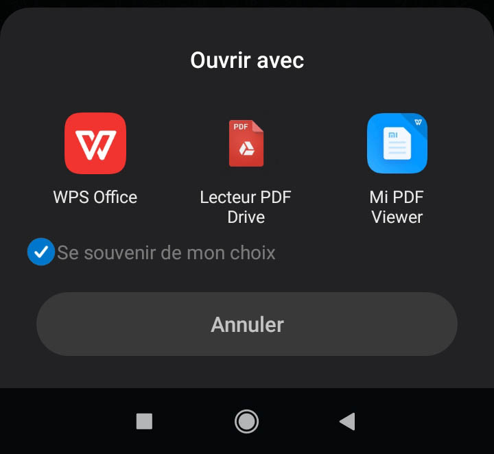 Choisir une application pour ouvrir le document PDF