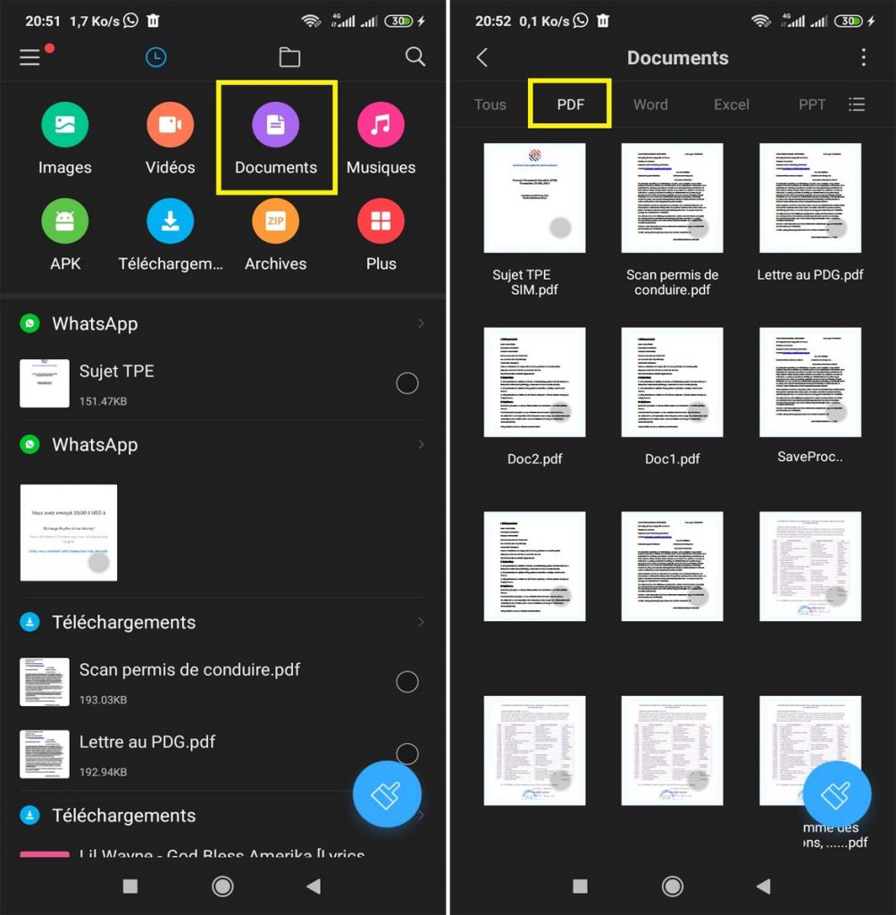 Documents PDF dans le gestionnaire de fichiers Android