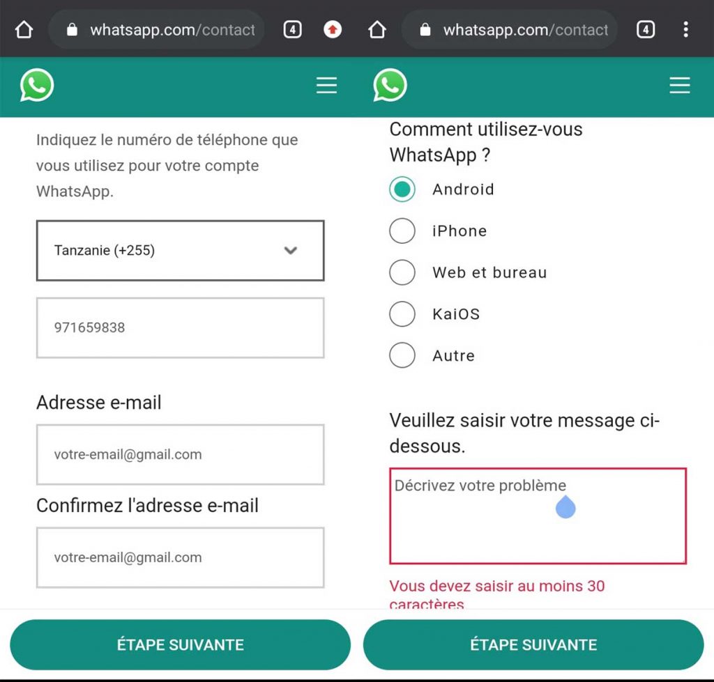 Demande pour un numéro de téléphone bloqué par WhatsApp