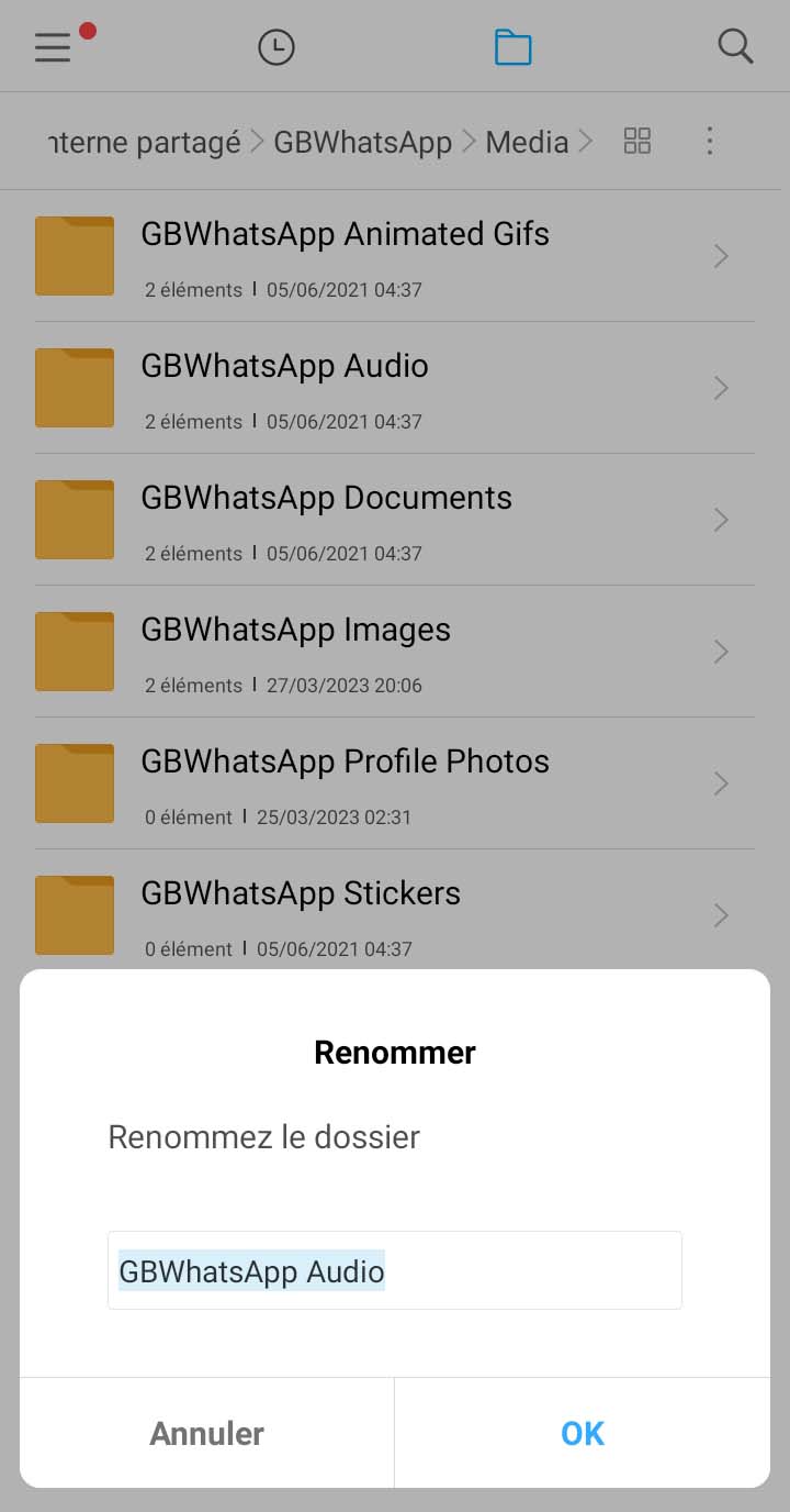 Renommer tous les sous-dossiers GBWhatsApp