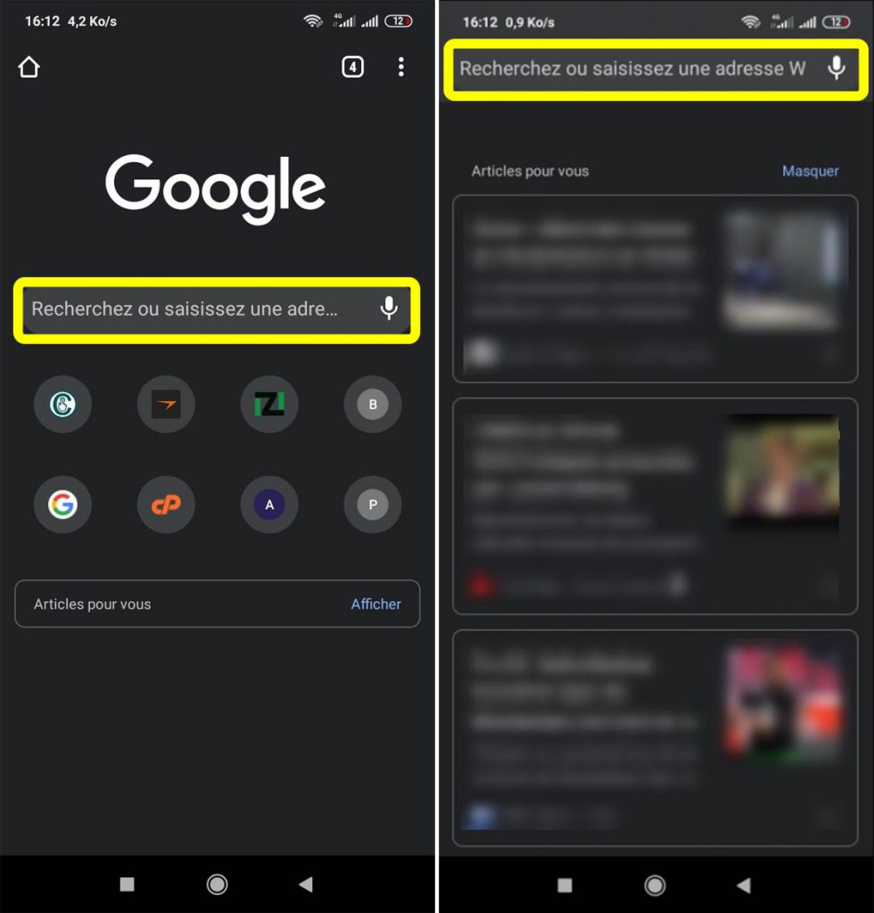 Barre d'adresse et zone de recherche Chrome sur Android