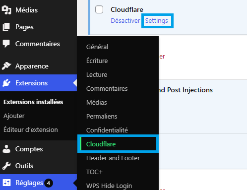 Cloudflare accès aux réglages