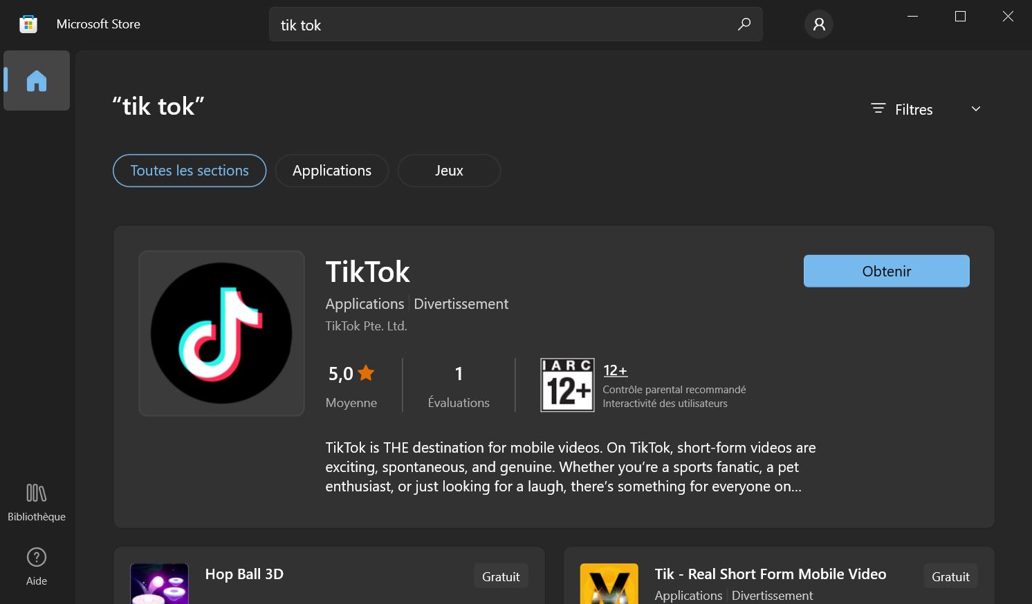 Installer TikTok sur PC Microsoft Store