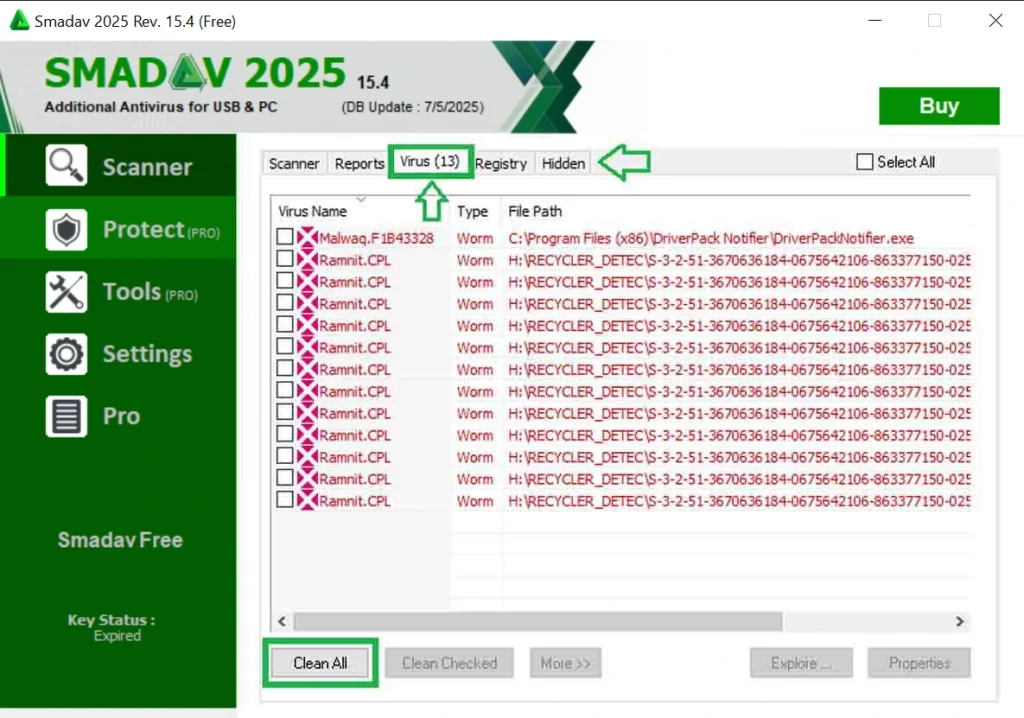 Détails résultats du scan avec SmadAV