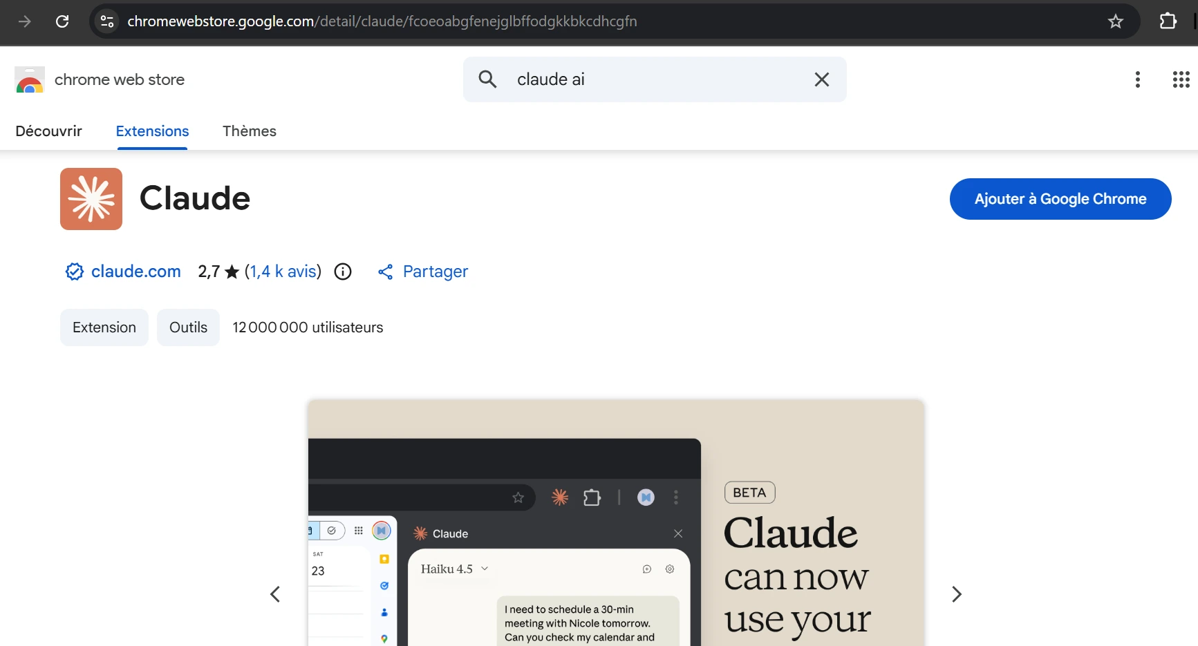 Claude Ai sur Google Chrome